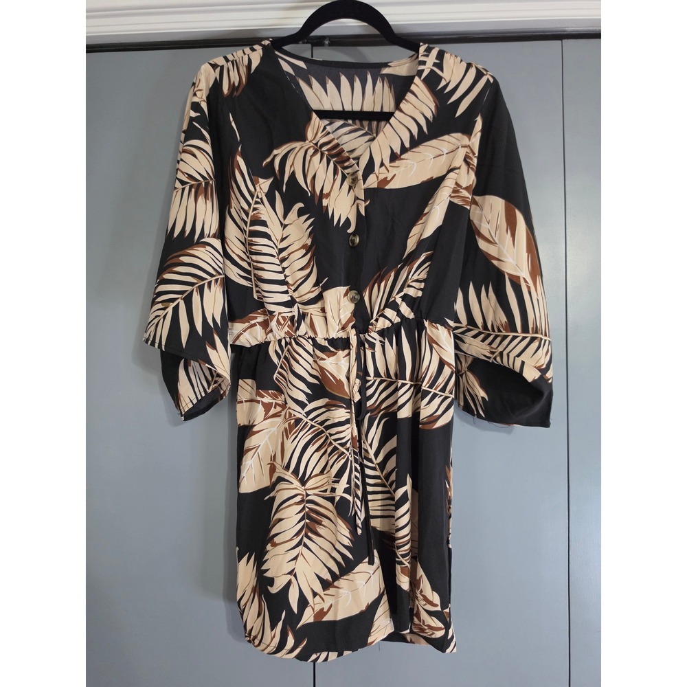 NWT SHEIN Romper Size M Black Tan Tropical Leaf Print Kimono Sleeve V-Neck